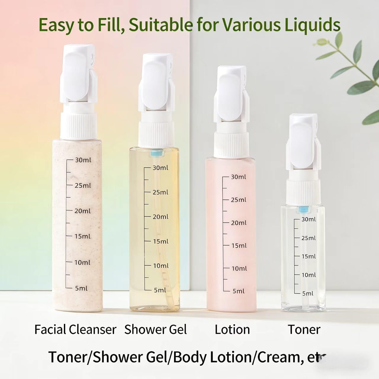 4 in 1 Travel Dispenser Set - Leak-Proof 30ml Pump Bottles for Shampoo, Lotion & Skincare | Portable Green Containers