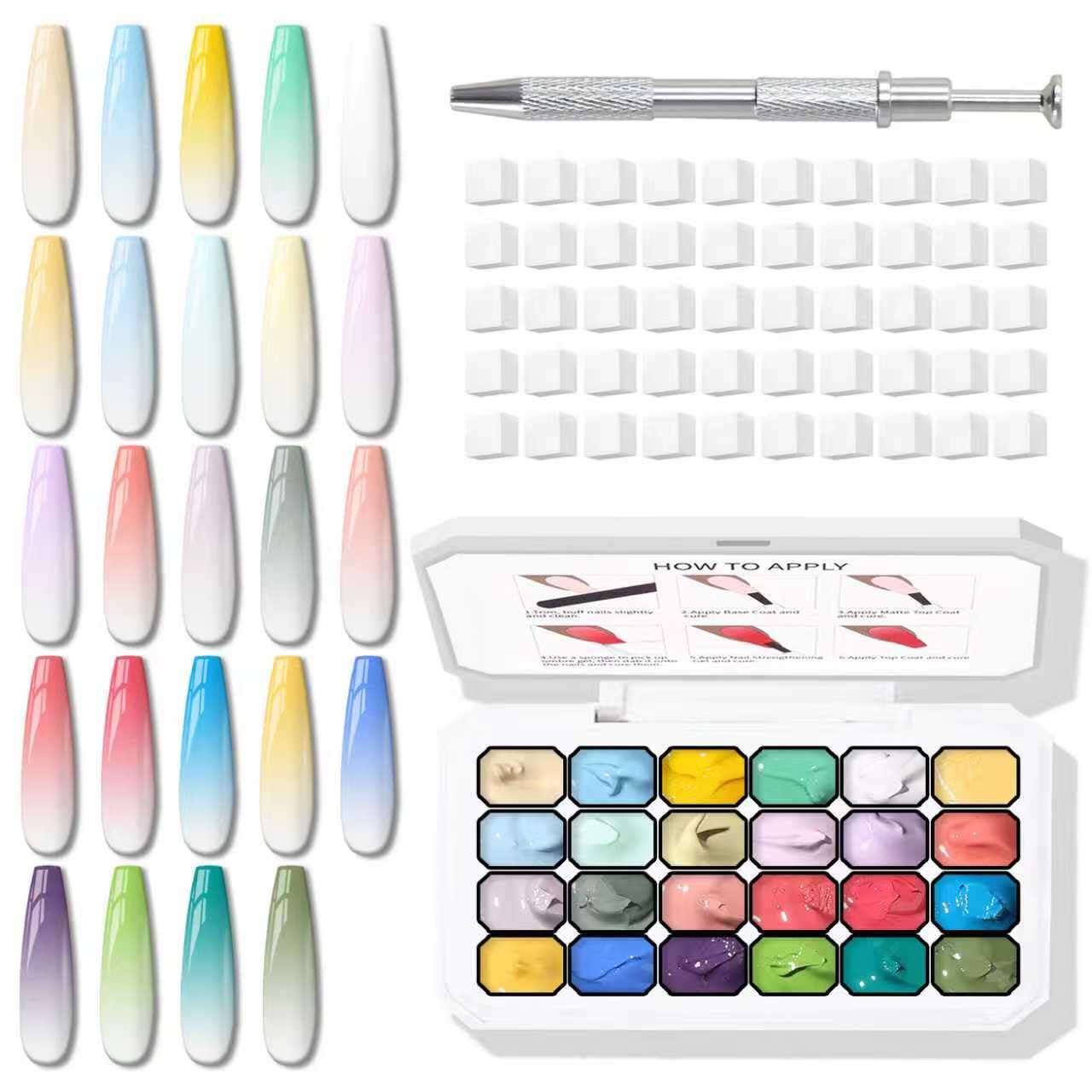 Sponges Pat Gel Nail Polish Palette, 24 Colors Blending Ombre Gel Polish Patting Gradient Painting Nails Art, No Wipe, UV/LED Cured, 100Sponges 1Grabber (Set A)
