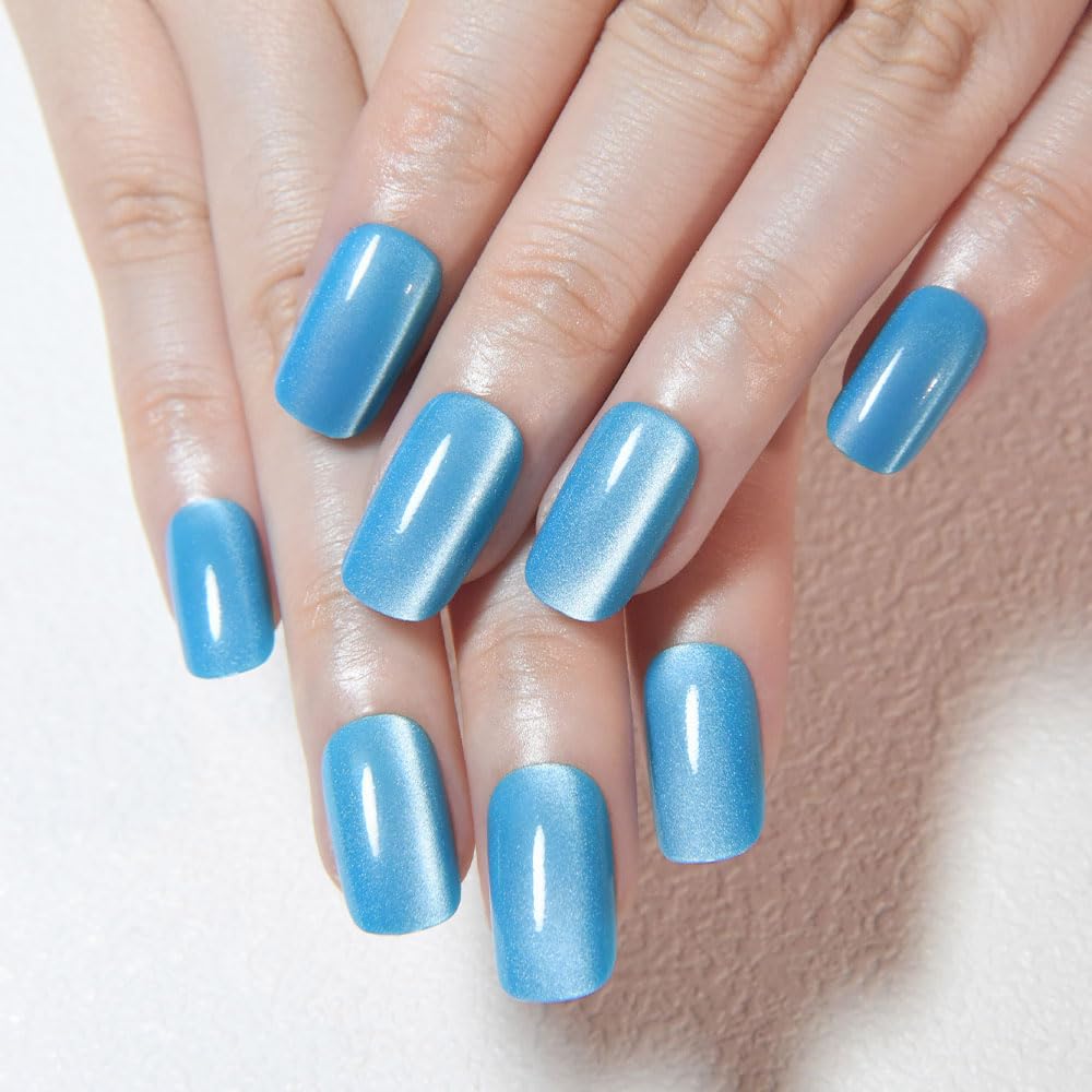 Aqua Blue Cat Eye Press-On Nails - Medium Square Chrome Design | Holographic Glitter Gel Acrylic Reusable