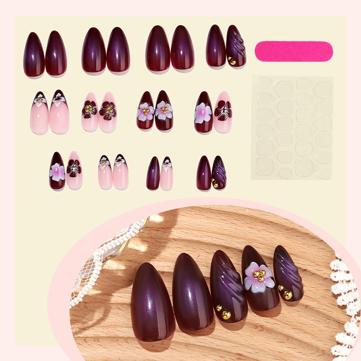 Flower Press-On Nails - Dark Purple Almond Shape with Gold Beads | 24 Pcs Reusable French Tip Design for Women