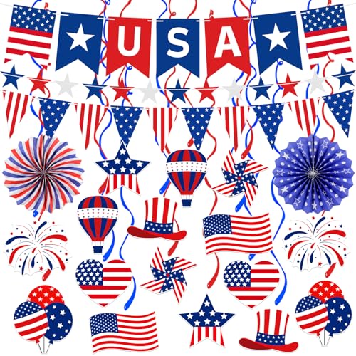 37 Pcs 4th of July Decorations Set - USA Banner, Paper Fans & Swirls