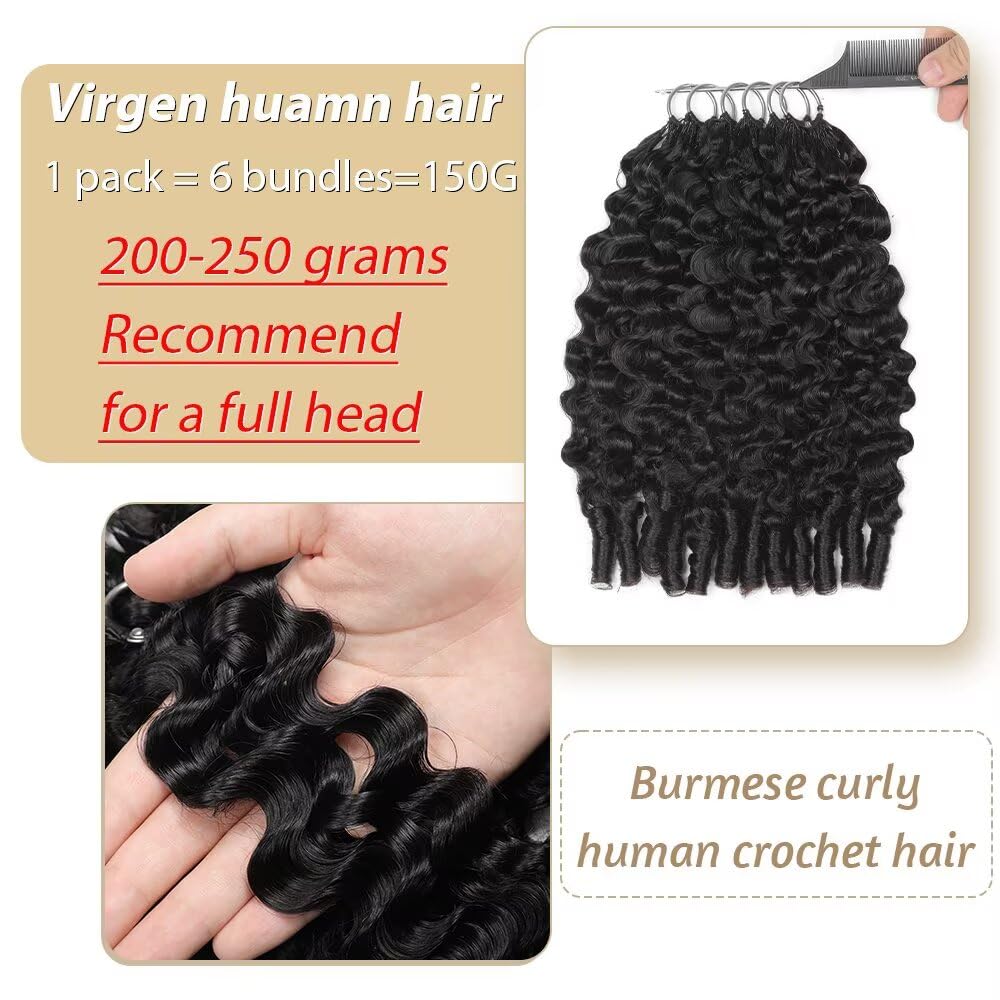 Human Crochet Hair for Black Women 18 Inch 150g Burmese Curly Human Hair Crochet Bundles Lightweight Pre-Separated Feather Crochet Human Hair Invisible Miracle Knots Hair Extensions Natural Black