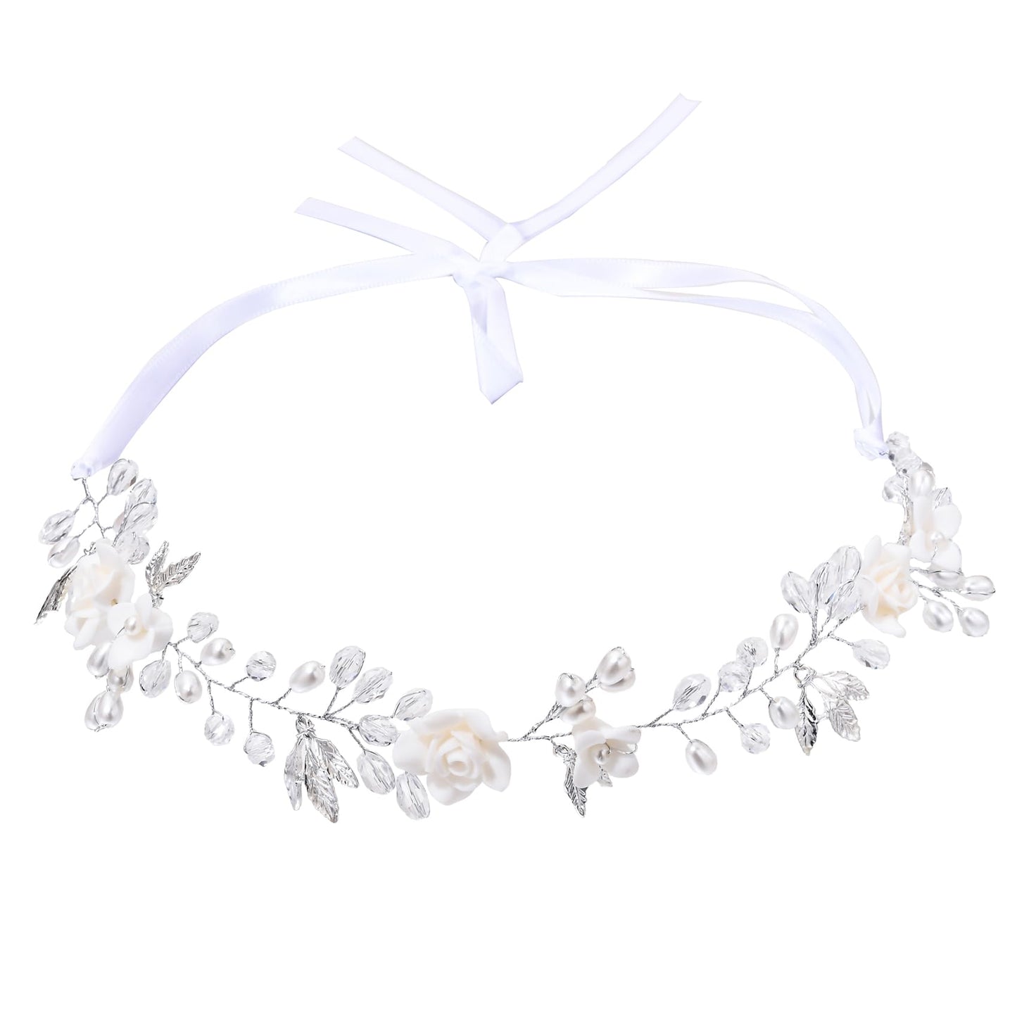 Floral Fall Flower Wedding Hairpiece Pearls Bridal Hair Accessory with Crystals for Women (Silver and white)