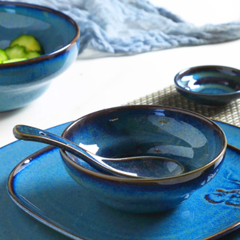 Pinkind 4 Pieces Soup Spoon Set, Asian Soup Spoon, Long Handle Ceramic Soup Spoons, Retro Blue Ramen Bowl Soup Spoon Suitable for Soup, Dumplings, Cake, Gravy, Oatmeal