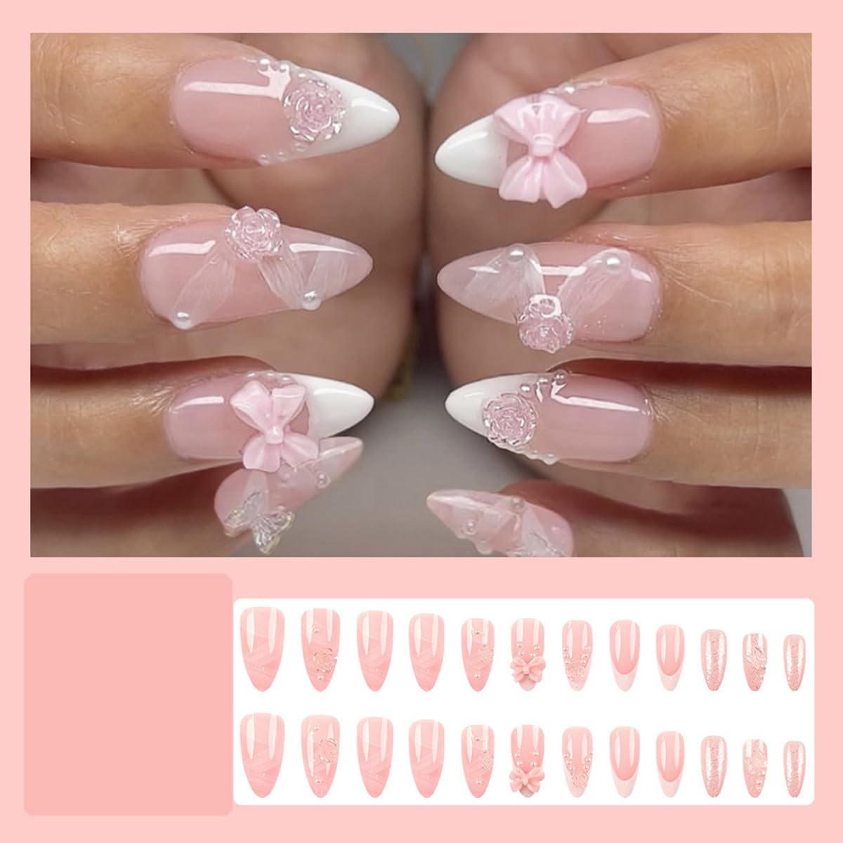 Pink Press-On Nails - 24 Pcs Short Almond White French with 3D Pearl Bow & Butterfly Design | Full Cover Acrylic Nail Art Tips for Women