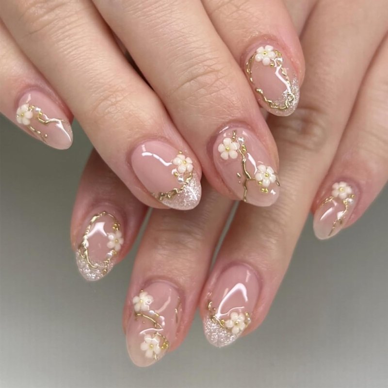 Almond Press-On Nails - Short 3D Floral & Gold Glitter Design | Nude Pink Full Cover Reusable Acrylic - 24 Pcs