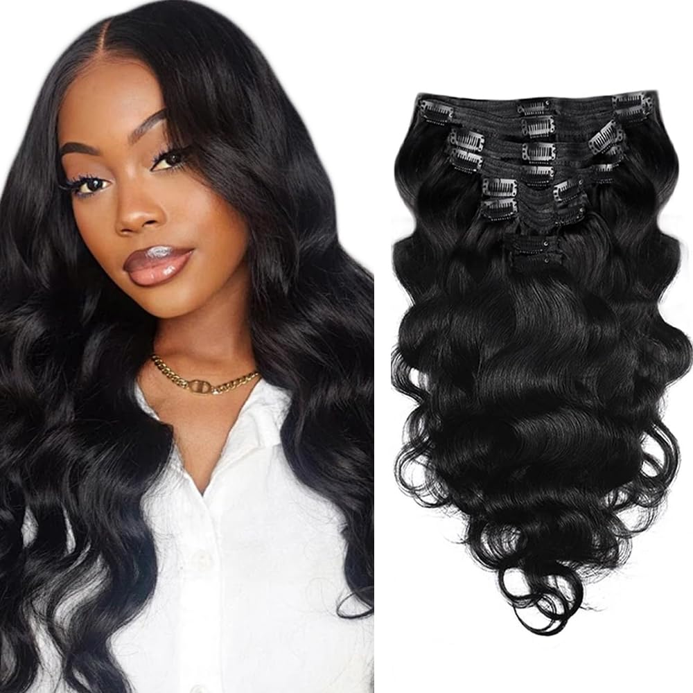 1B Black Clip in Hair Extensions Real Human Hair, 16 Inch 120g/7Pcs,Full Shine Remy Human Hair,Natural Black Body Wave Clip ins Brazilian Virgin Human Hair Extensions