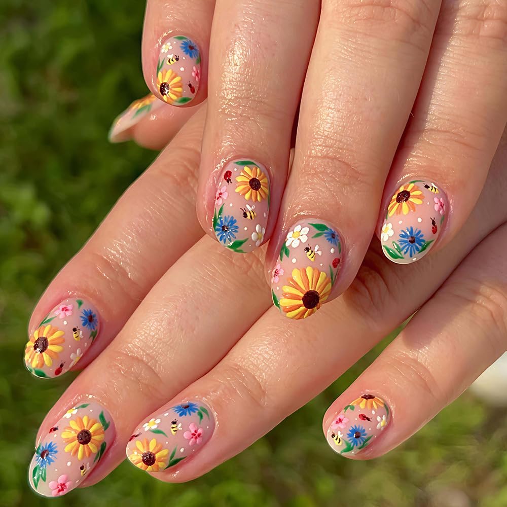 Summer Press-On Nails - Short Square Fake Nails with Sunset Coconut Trees Design | 24 Pcs Glossy Blue French Tips, Reusable Manicure