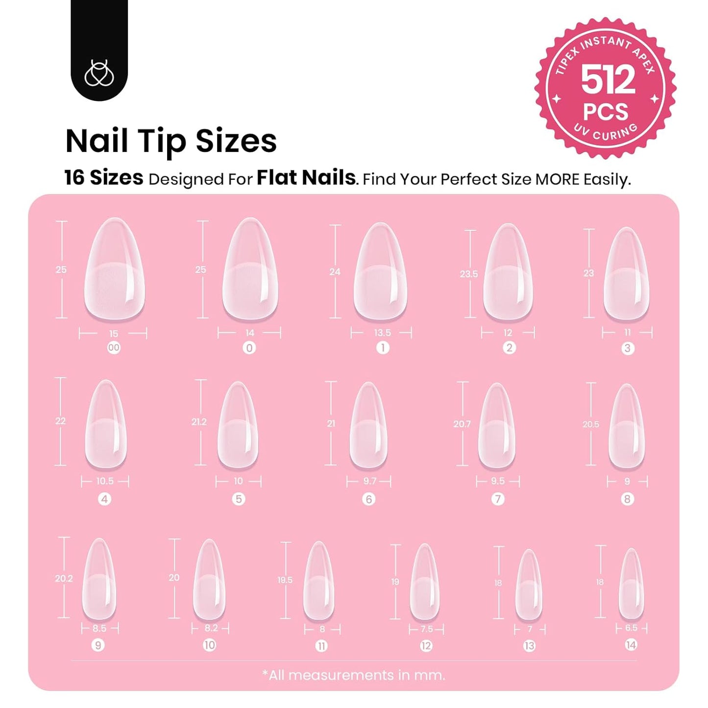 Beetles Instant Apex Nail Tips - Medium Almond, 16 Sizes (00–14), 512pcs | Thicker Acrylic for DIY Extensions