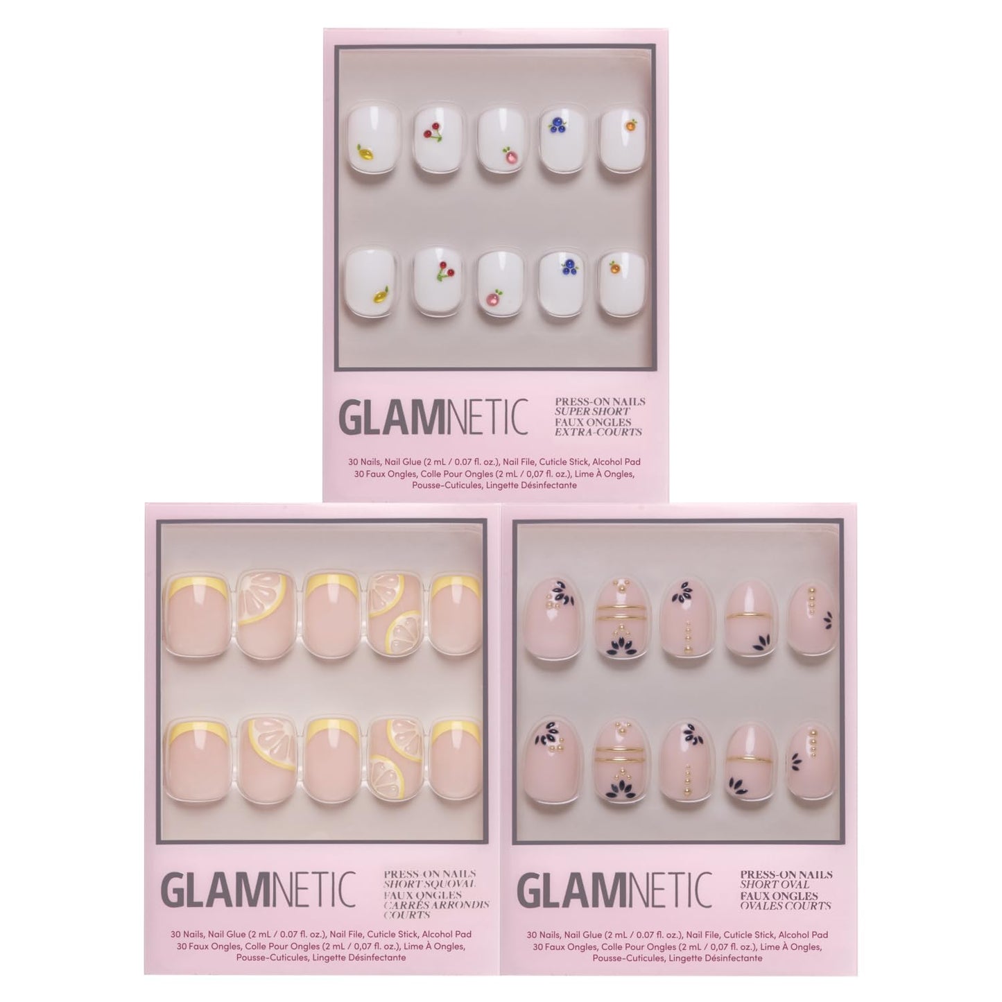 Glamnetic Press-On Nails Bundle - Sweet Picks, Limonata & Myko Muse | Short Squoval French Tip Nails with 3D Fruit Designs