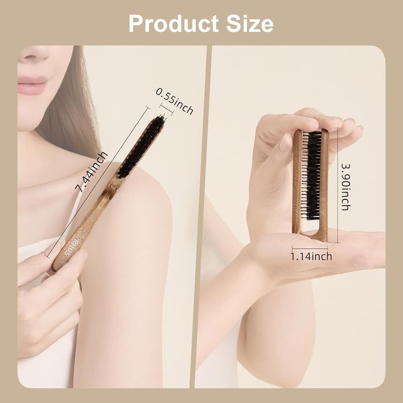 Boar Bristle Hair Brush - Portable Foldable Edge Brush for Travel | Lipstick-Sized Design