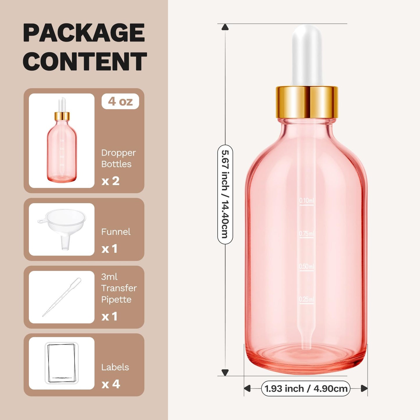 Bumobum Glass Bottle with Dropper, 4 oz Pink Tincture Bottle for Essential Oils with Labels and Funnels, 2 Pack Eye Dropper Bottles with Golden Top (Unbreakable Plastic Eye Dropper with Measurements)