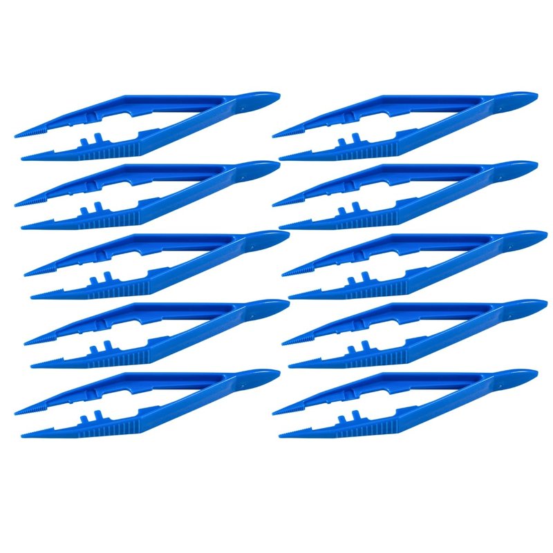 Vakly Disposable Plastic Forceps Tweezers Blue (10 Pack) – Serrated Tip Pickup Tweezers with Finger Ridges & Narrow Points for First Aid, Medical, Lab, Crafts & School Science