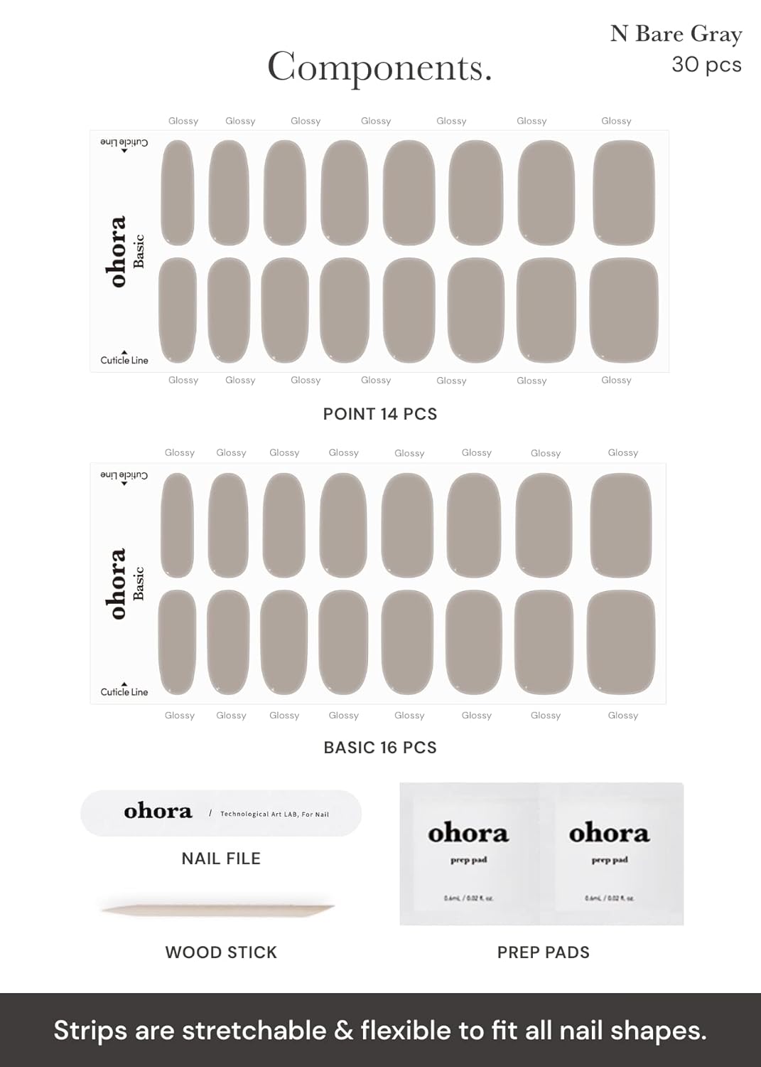 Ohora Semi-Cured Gel Nail Strips - Salon-Quality Bare Gray Design | Easy Application & Removal, Includes Prep Pads & File