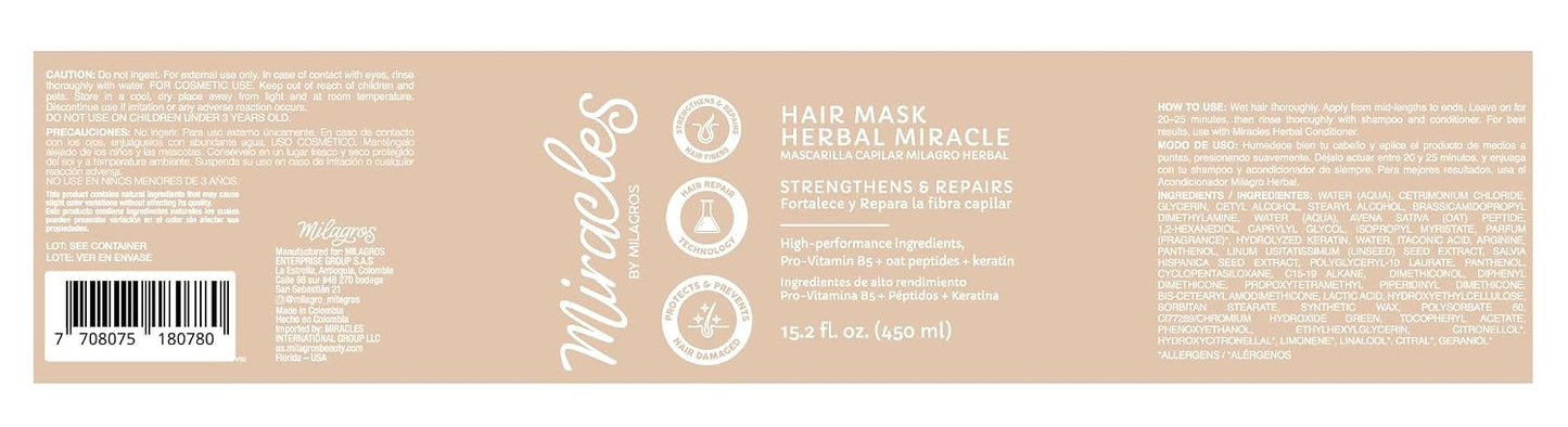 Herbal Miracle Hair Mask - Intensive Repair & Hydration for Damaged Hair | Pro-Vitamin B5, Oat Peptides, Keratin, Vitamin E