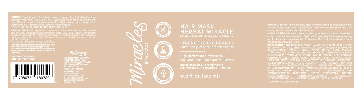 Herbal Miracle Repair Hair Mask – Intensive Hair Repair & Hydration – Strengthens, Protects & Restores Damaged Hair – With Pro-Vitamin B5, Oat Peptides, Keratin & Vitamin E Microbeads