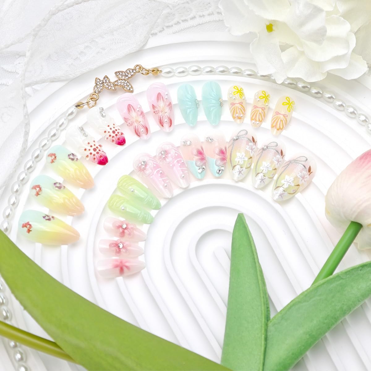 Colorful Summer Press-On Nails - Medium Almond Peach Blossom Design with Bow & Rhinestones | 24 Pcs Full Cover Acrylic Manicure