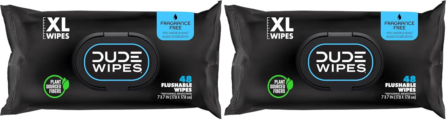Dude Wipes Unscented Flushable Wipes - Extra-Large Adult Wet Wipes for Sensitive Skin | 6 Pack (288 Count) with Vitamin E and Aloe