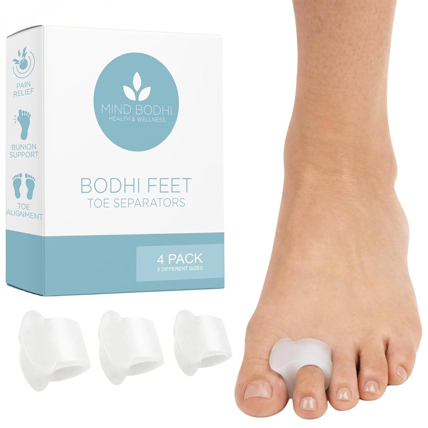 Toe Separators for Bunions - Mind Bodhi 4-Pack Single-Loop Spacers | Clear Design for Men & Women