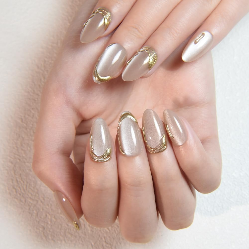 evpct Nude Cat Eye Press on Nails Short Almond with Gold Liner Design, Gold French Tip Stick on Nail for Women Gift with Kit, Reusable Full Cover Soft Gel Press on Fake Nail with Cat Eye Design