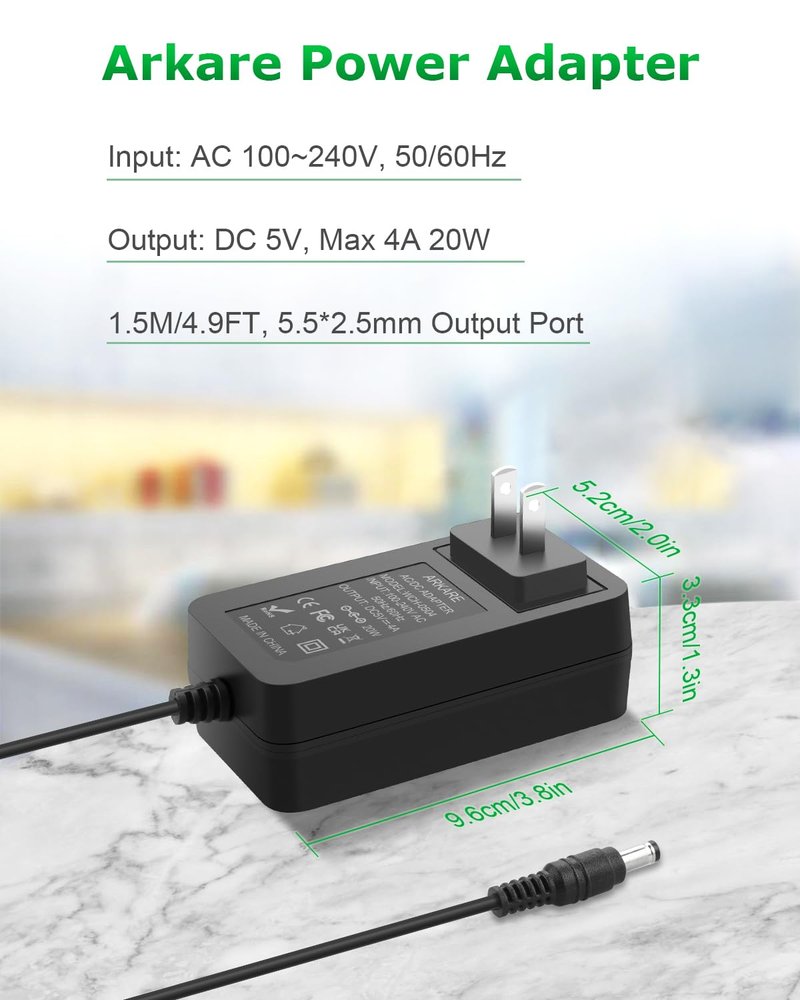 Arkare 5V 4A Power Supply Adapter 20W 4.9FT AC/DC Charger AC 100V-240V to DC 5V 4A 3.5A 3A 2.5A 2A 1.5A 1A Power Adapter for Jetson Nano Raspberry Pi Security Camera Monitor Graco Swing with 8TIPS
