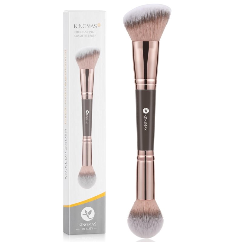Double Ended Foundation Makeup Brush - Angled & Round Contour for Liquid, Powder, Blush | Brown