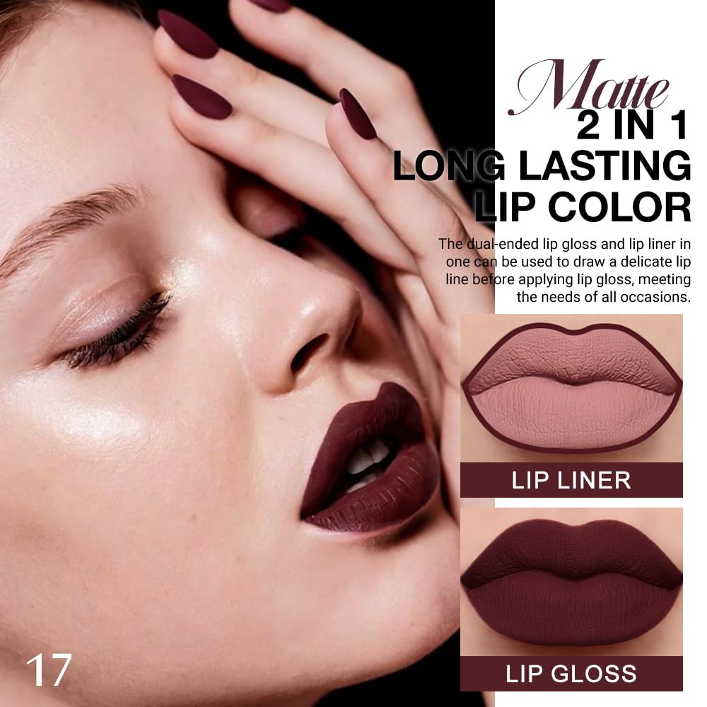 Dark Deep Red Matte Lip Liner & Liquid Lipstick Set | Long-Lasting, Smudge-Proof 24-Hour Wear for Women