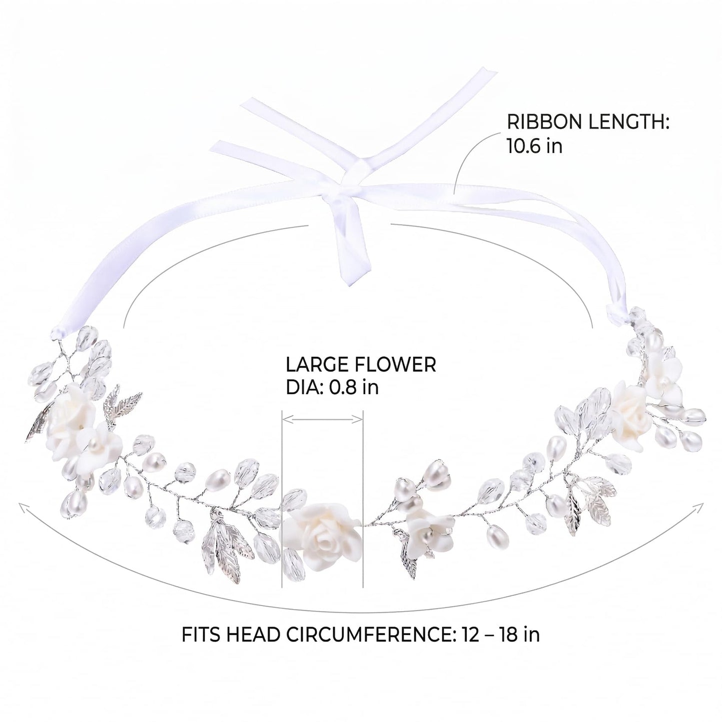 Floral Fall Flower Wedding Hairpiece Pearls Bridal Hair Accessory with Crystals for Women (Silver and white)