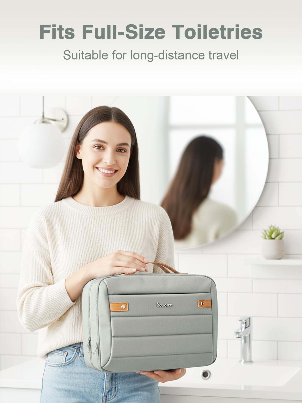 COOSKY Women's Hanging Toiletry Bag, Waterproof Travel Cosmetic Organizer with Jewelry Storage, Large Capacity Makeup Case for Full-Size Skincare & Bathroom Essentials, Portable Cosmetic kit, Grey