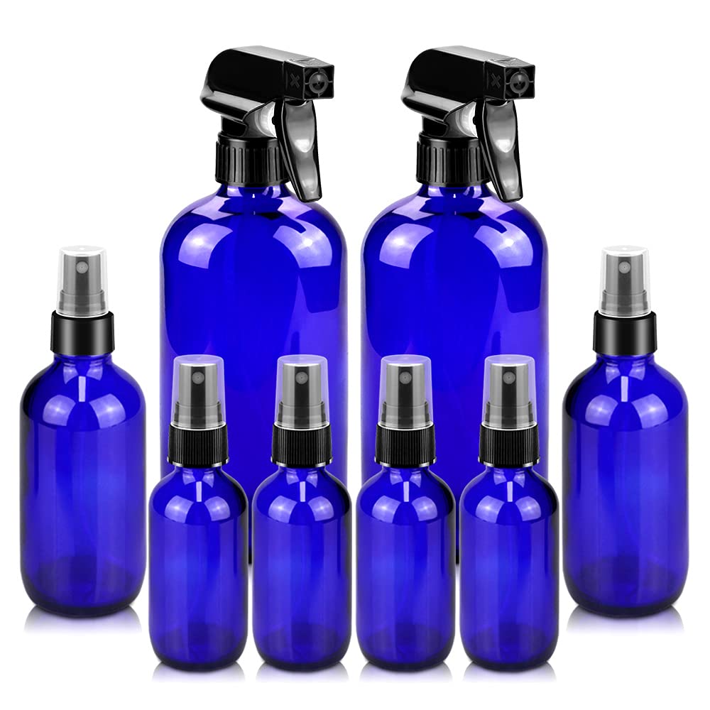 Glass Spray Bottles Set - 16oz & 4oz Refillable Containers with Adjustable Nozzle for Cleaning, Gardening, Aromatherapy | Amber