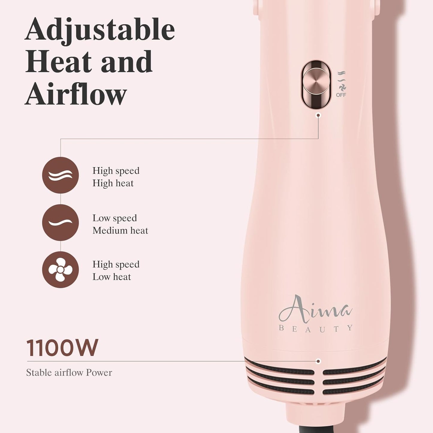Aima Beauty Blow Dryer Brush Set - 4-in-1 Ionic Round Brush for Shine, Smoothness & Volume | Interchangeable 1” & 1.25” Barrels, Pink