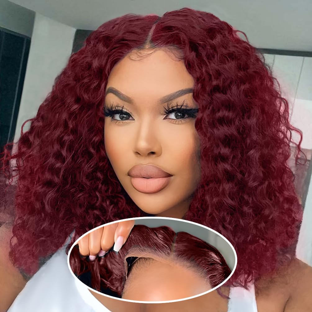 Amygirl Wear and Go Glueless Wigs Human Hair Pre Plucked Pre Cut Bob 4x4 Curly Wave Lace Front Wigs Human Hair 180% Density No Glue Wigs for Black Women, Burgundy, 14 Inch