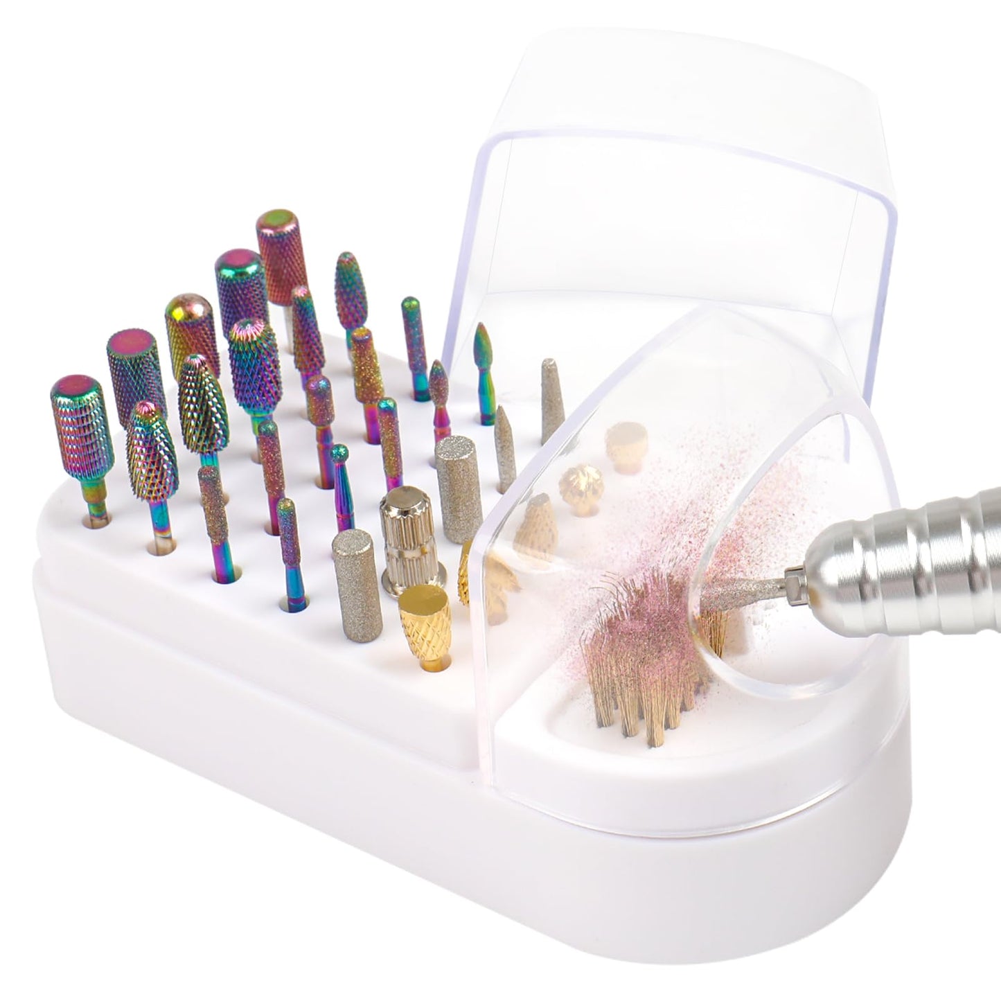 Nail Drill Bits Holder 2 in 1 Nail Drill Bits Cleaning Brush Case, 30 Holes Dustproof Acrylic Nail Drill Holder Storage Box, Nail Drill Bit Holder Stand Displayer Organizer for Home Salon Use (White)