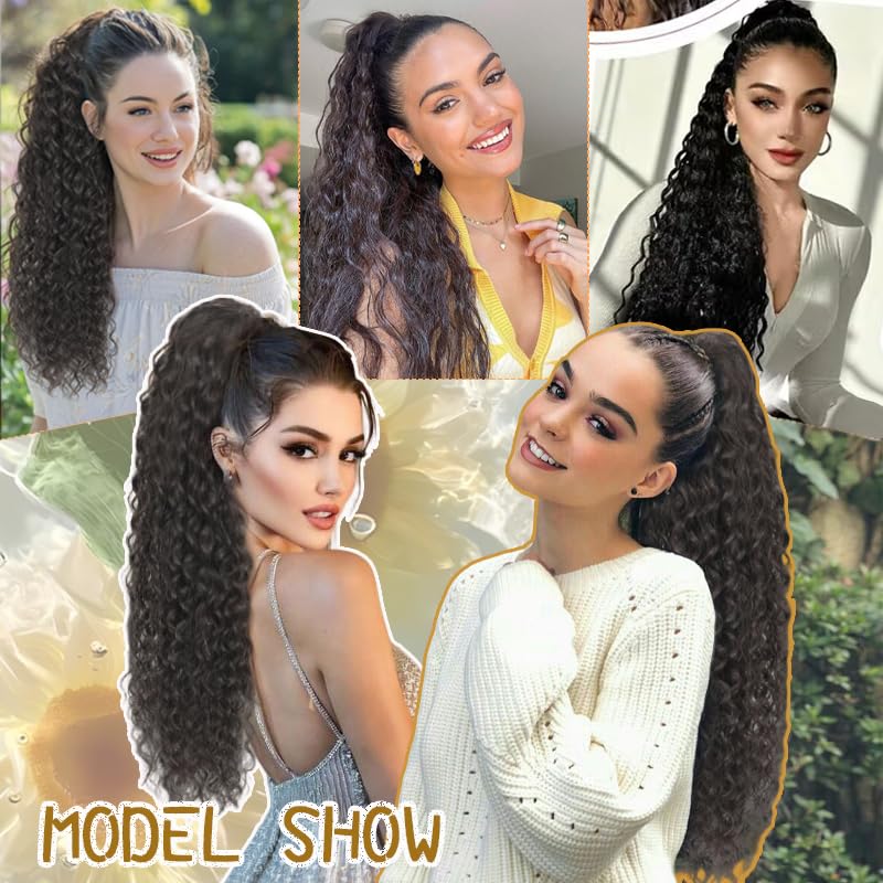 Q-siwuu 24'' Rich Brown Curly Drawstring Ponytail Extension for Women