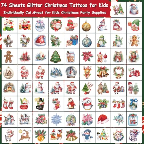Glitter Christmas Temporary Tattoos for Kids - 74 Fun Designs