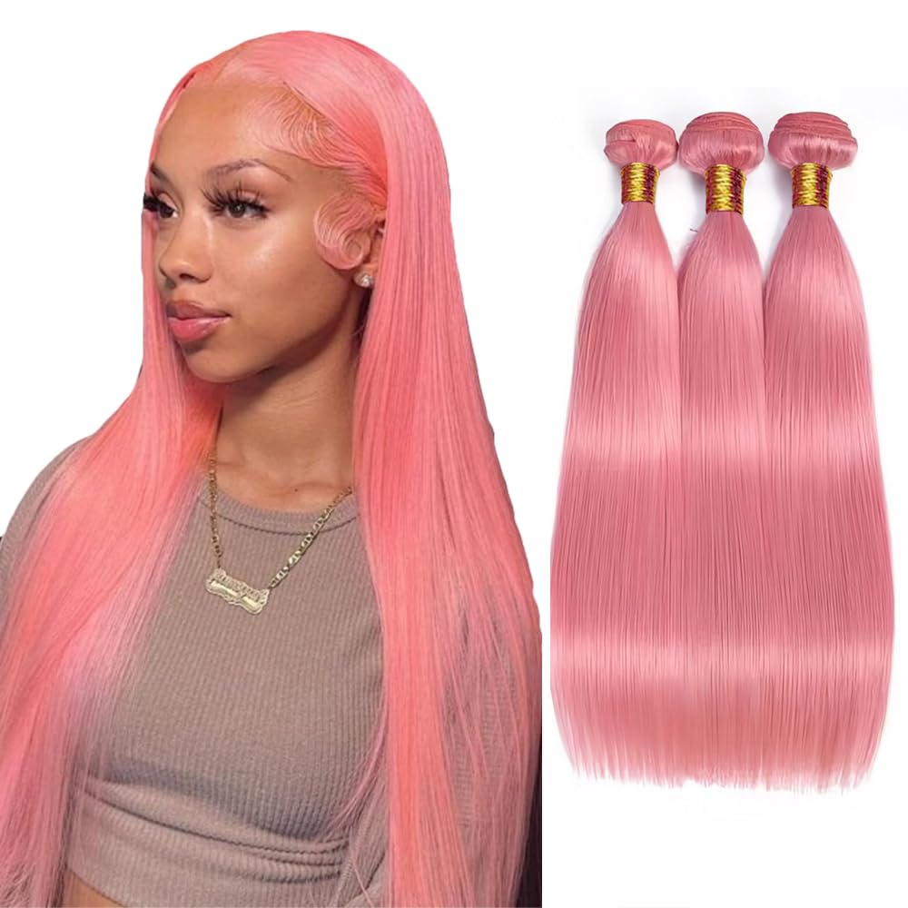 Pink Bundles Human Hair Straight Bundles 28 30 32 Inch Unprocessed Brazilian Virgin Hair 3 Bundle 50 Gram Per Bundle Deals Quick Weave Hair Extensions For Woman