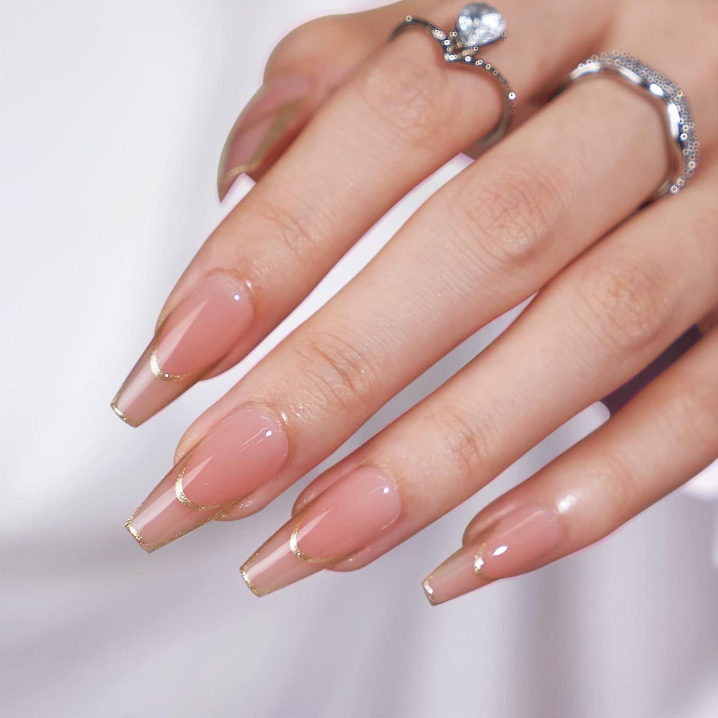 French Tip Press On Nails - Chrome Short Almond Design | Semi-Transparent Soft Gel, 16 Sizes, 32 Piece Kit