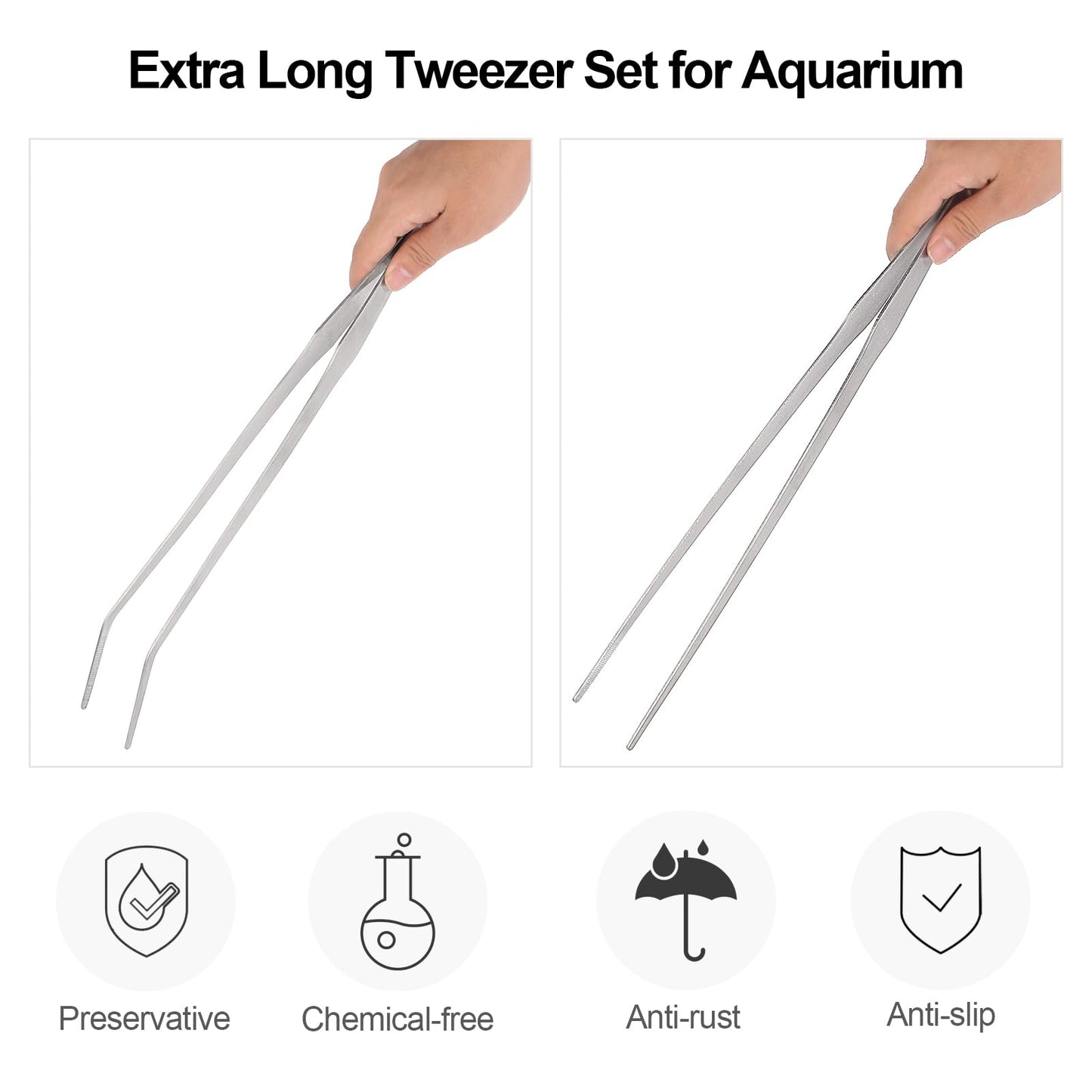 Aquarium Tweezers Extra Long 15 inches Feed Tong clamps - FEITA Straight and Curved Stainless Steel 38cm Tweezers Set for Fish Tank Plants Aquascape Tools & Reptile Feeding Tongs - Sliver 2Pcs