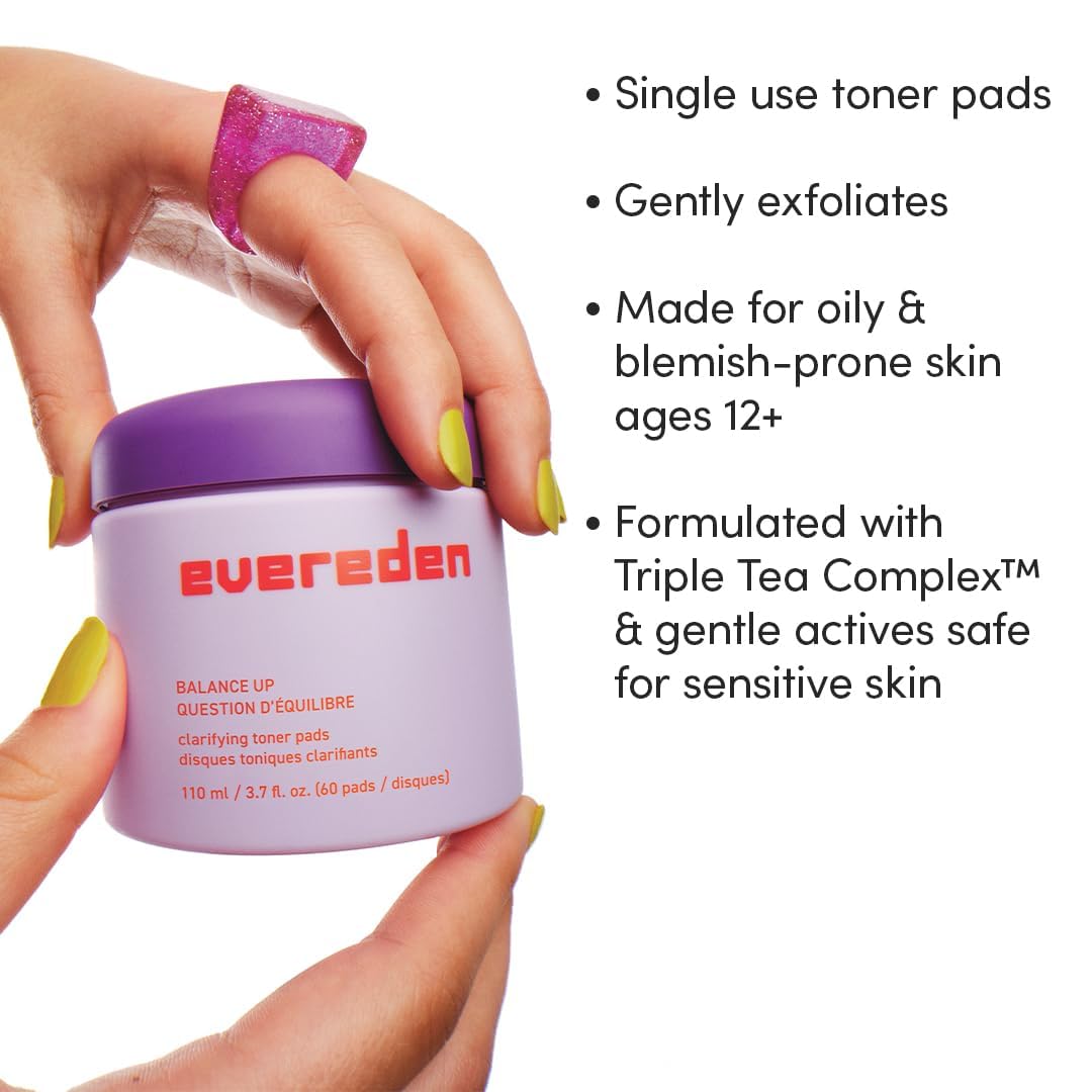 Evereden Balance Up Toner Pads - Clean and Vegan Teen Water-Based Face Pads with Mandelic Acid, Niacinamide, & PHAs - Oily and Pimple-Prone Skin - Healthy-Looking Skin & Clog-Free Pores