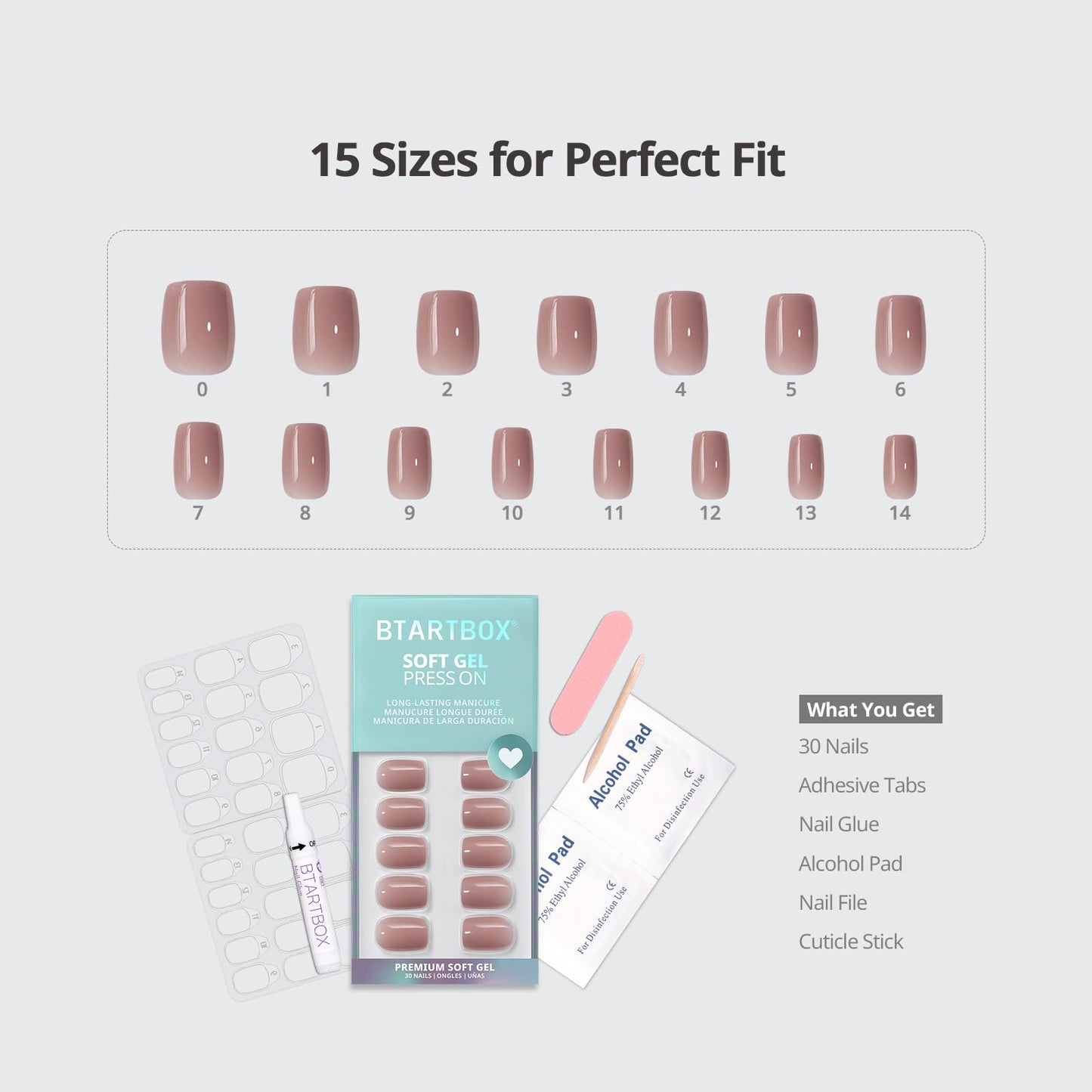 BTArtbox Press On Nails Short - Taro Nude Squoval Fall Press On Nails with Glue for Women, Opaque Soft Gel Glue On Nails in 15 Sizes - 30 Stick On Nails Kit, Clay Kiss