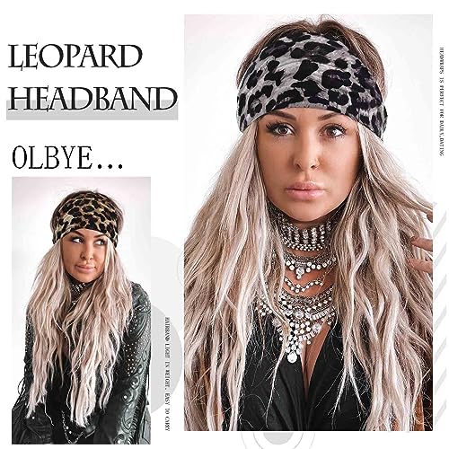 Olbye Leopard Turban Headband - Wide Boho Non-Slip Yoga Hair Wrap (H-Leopard)