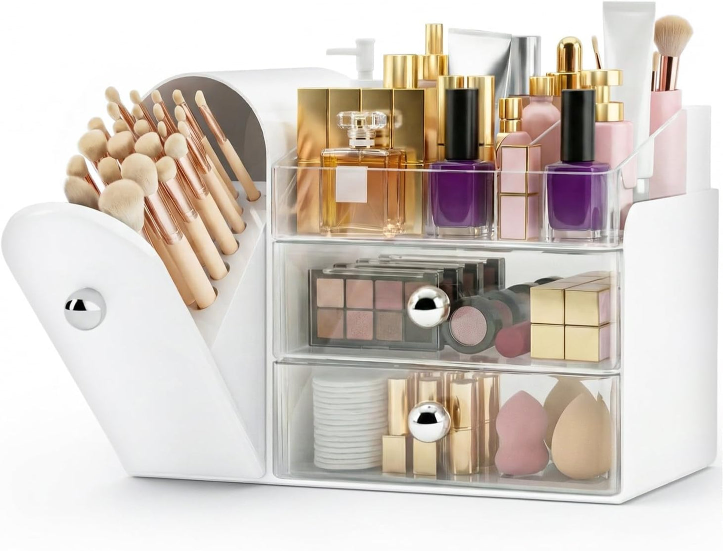 Makeup Organizer - Large Vanity Storage with Brush Holder & Drawers | Perfect for Skincare, Lipstick, Perfume, and Nail Polish