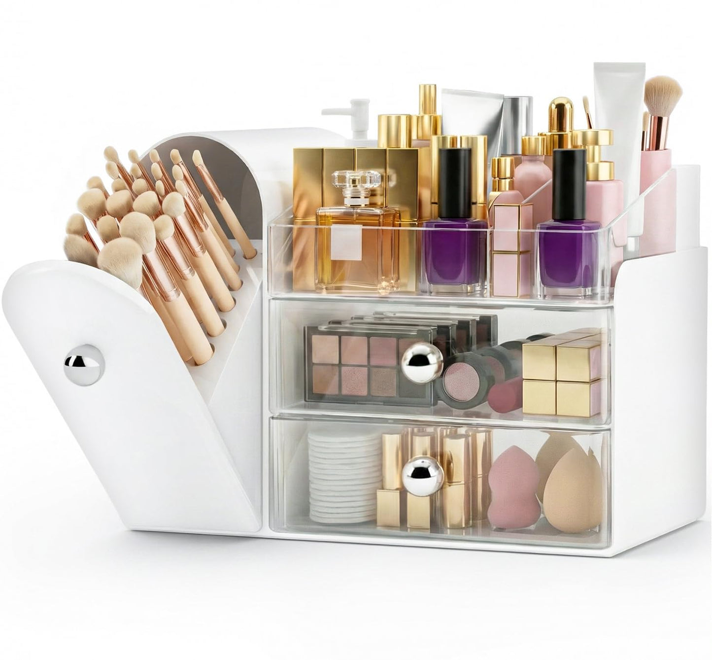 TRQWRO Makeup Organizer,Vanity Organizer with Makeup Brush Holder,Large Skincare Organizers with Drawers,Bathroom Countertop Organizer,Storage Lipstick,Perfume,Nail Polish,Beauty,Gifts for Woman