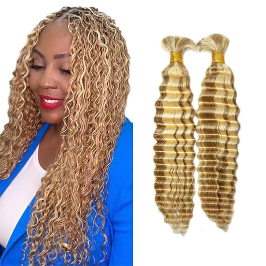 18 18 Inch P27/613 Blonde Human Braiding Hair for Boho Braids 2 Bundles 50g/Bundle Deep Water Bulk Human Hair Boho Braiding Honey Blonde Deep Wave No Weft Extensions Bohemian Braids