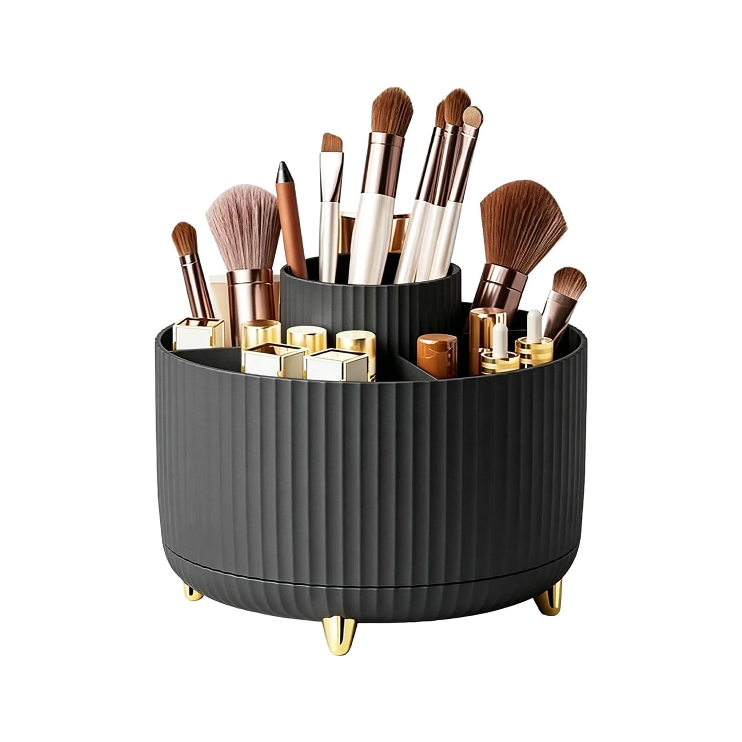 HJUHBDJ 360°Rotating Makeup Brush Holder Organizer, Black Countertop Cosmetic Display Case, Spinning Skincare Storage Carousel for Vanity, Desktop & Bathroom