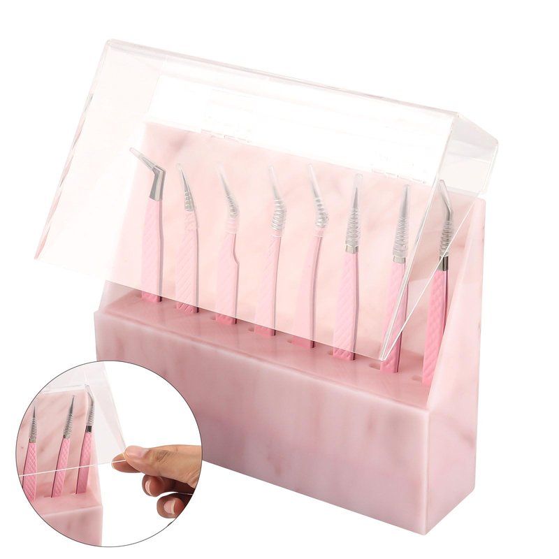 Mekupeu 8 Holes Dust proof Tweezer Storage Rack,Acrylic Tweezer Display Stand Holder Eyelash Extension Supplies Lash Accessories Tools (Marble Pink)