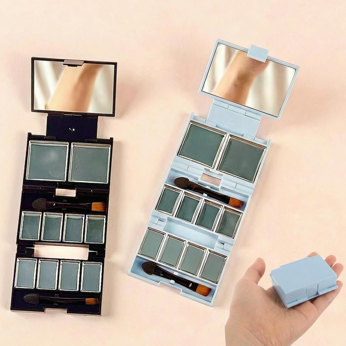 Foldable Magnetic Makeup Palette - 3-Layer Empty Case with Mirror | Mini Travel Size, Black & Pink