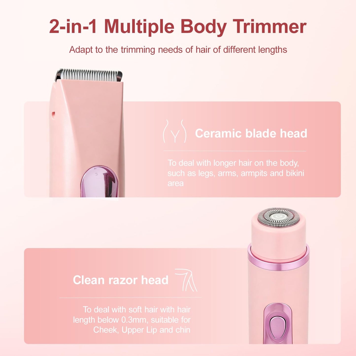 Dual Head Women Bikini Trimmer Quiet Electric Razor for Sensitive Skin IPX7 Waterproof Ceramic Blade LCD Rechargeable Pubic Hair Shaver for Armpit Leg Face (Pink)
