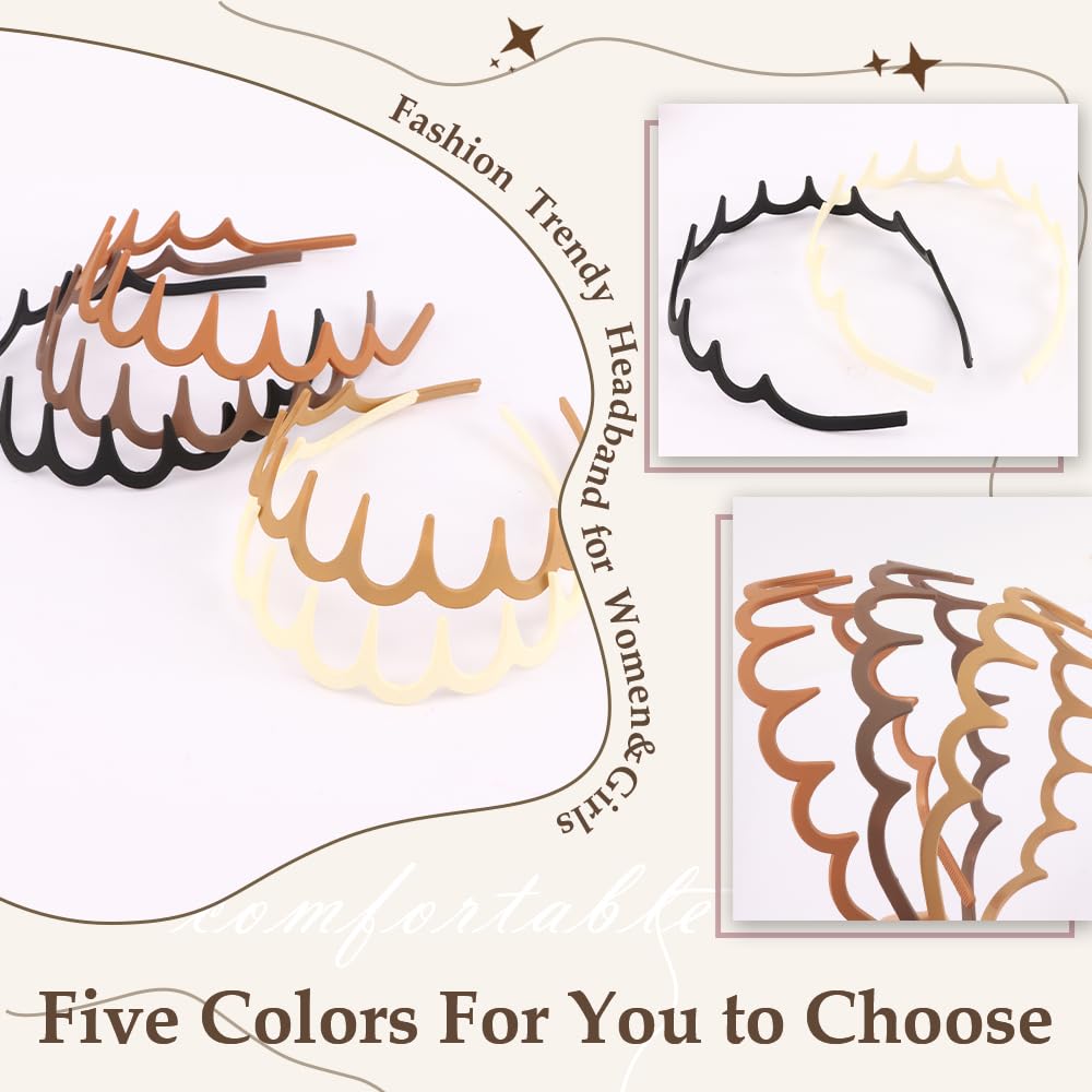 Aprince Zigzag Headbands 5pcs, Neutral Matte Plastic Headbands with Teeth, Non-slip Wavy Hairbands for Women&Men, U Shape Reversible Headband, Retro High Skull Headband, 90s Comb Hair Hoop