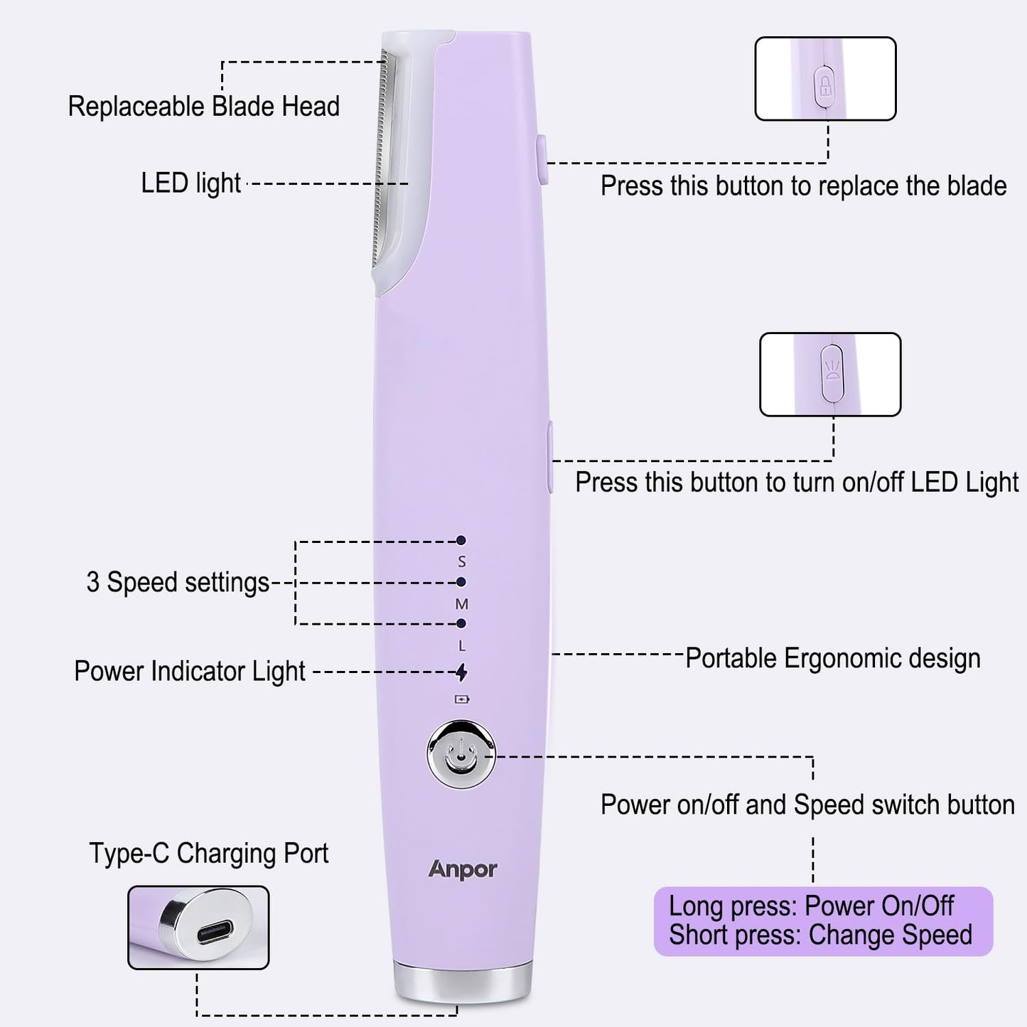 Anpor Rechargeable Sonic Dermaplane Razor for Women Face + Eyebrow trimmer Dermaplaning System with LED Light Peach Fuzz Remover, 3 Speeds - 8 Weeks of Dermaplaning Blades (Lavender)